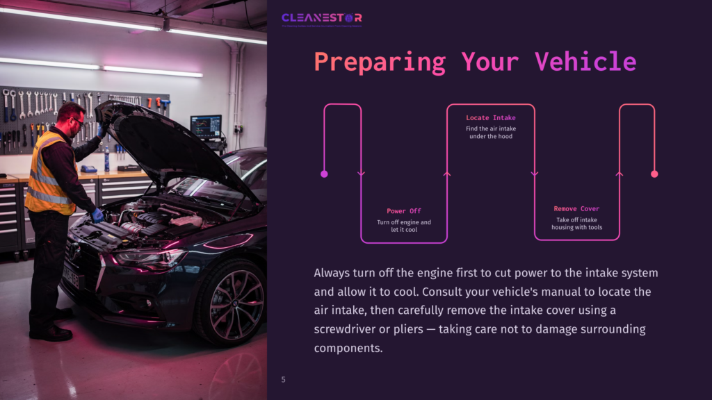 A Mechanic Checks The Air Intake In A Car'S Engine Bay, With Tools And Illuminated Work Area In The Background. Text Outlines Steps To Clean.