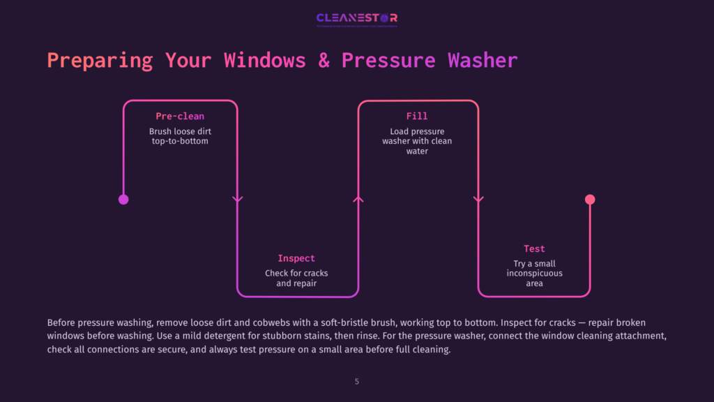 Flowchart Detailing How To Prepare Windows And Pressure Washer For Cleaning: Pre-Clean, Fill, Inspect, And Test. The Text Also Includes A Summary Of The Steps.