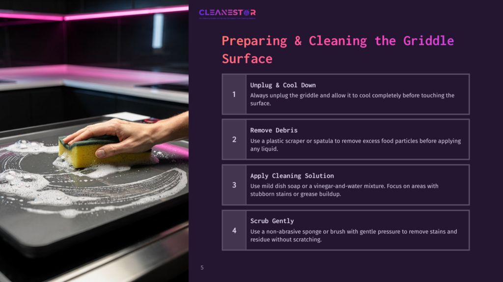 A Person Using A Yellow Sponge To Clean A Dark Griddle Surface With Water And Soap, Set Against A Pink-Lit Background.