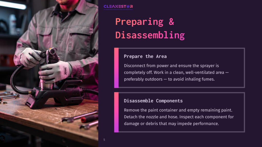 5 Preparing And Disassembling A Person Wearing Gloves Disassembles An Electric Paint Sprayer On A Workbench, With Tools And Materials Scattered Around A Dimly Lit Area.