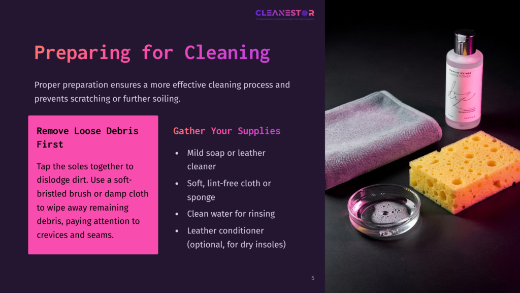 A Dark Background Displays A Cleaning Kit With A Microfiber Cloth, Sponge, And Leather Conditioner Bottle, Alongside Text About Cleaning Preparation.