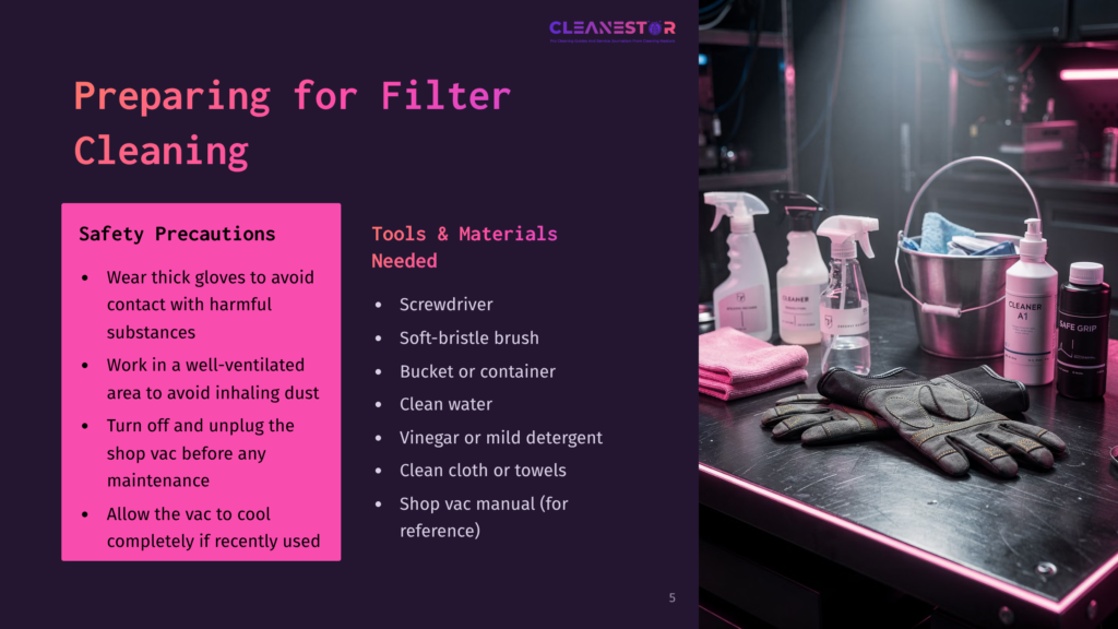 5 Preparing For Filter Cleaning Preparing For Filter Cleaning: Safety Precautions List On Pink Background With Tools And Cleaning Supplies Like Gloves, Spray Bottles, And A Bucket On A Dark Workbench.