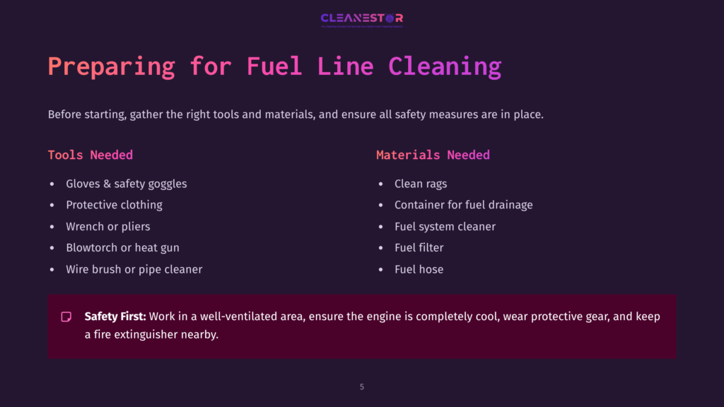 Text On A Dark Background Lists Tools And Materials For Cleaning Fuel Lines, With A Highlighted Safety Tip At The Bottom.