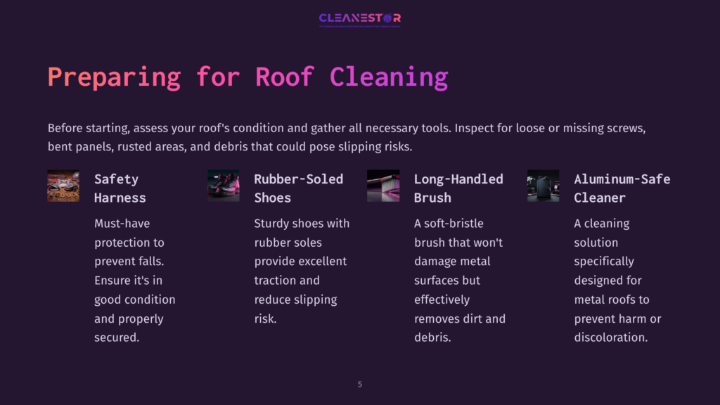 Illustration Outlining Roof Cleaning Preparation Steps, Featuring Sections On Rubber-Soled Shoes, Long-Handled Brushes, And Aluminum-Safe Cleaners.