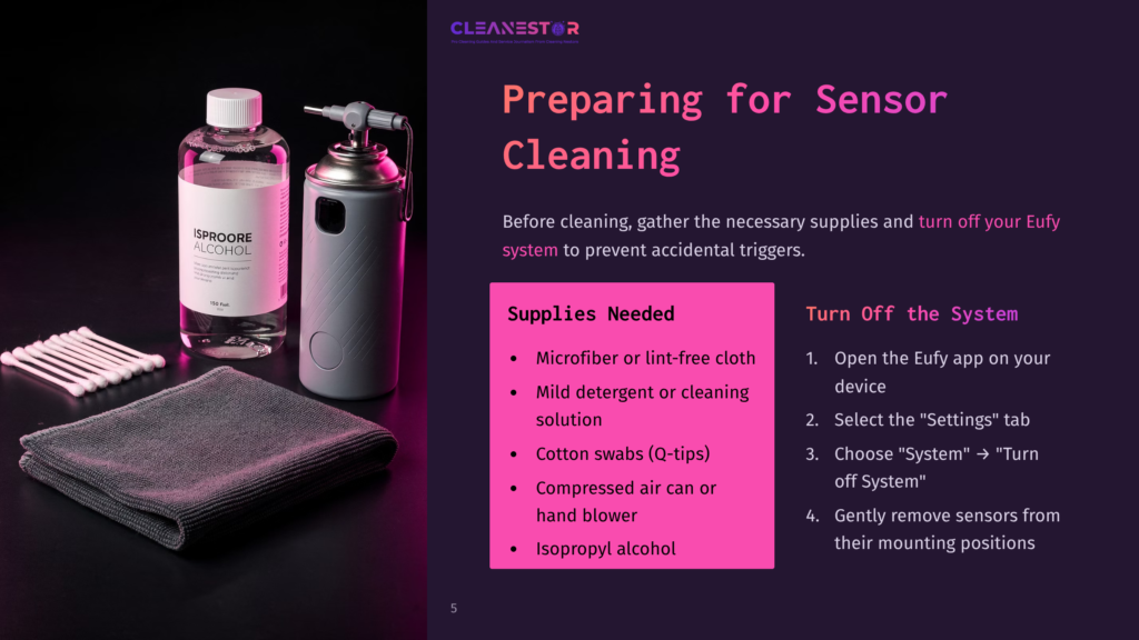 Supplies For Cleaning Eufy Sensors: A Bottle Of Isopropyl Alcohol, Cotton Swabs, Microfiber Cloth, And A Compressed Air Can, With Instructions On Preparing For Sensor Cleaning.