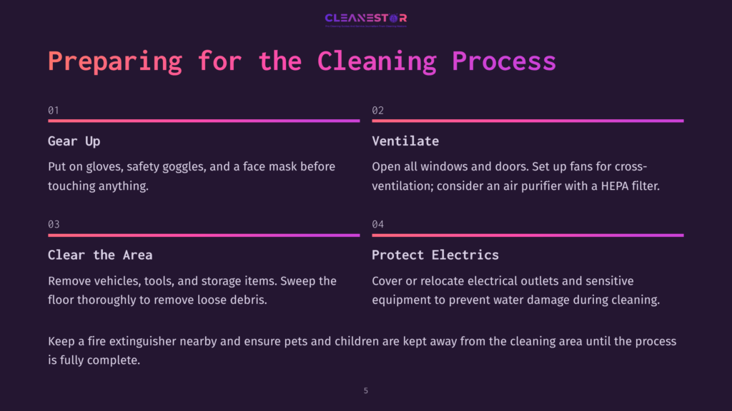 A Clean Chart With Numbered Steps For Preparing To Clean Battery Acid, Featuring Headers In Orange And Bullet Points Outlining Safety Measures And Actions.