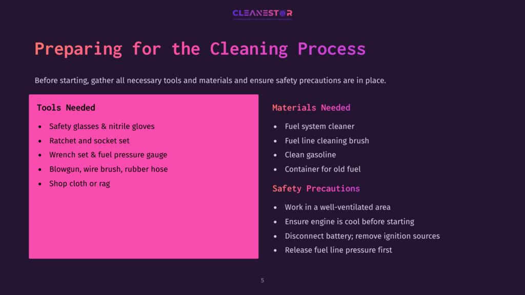 Tools And Materials List On A Dark Background, Featuring Pink Highlights. Includes Gloves, A Fuel Cleaner, Brush, And Safety Tips.
