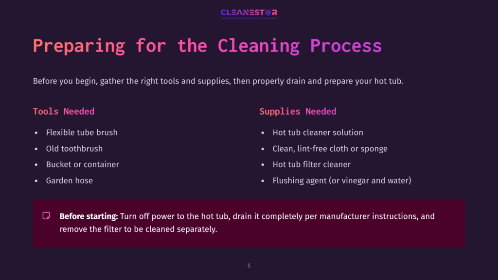 Slide Titled &Quot;Preparing For The Cleaning Process&Quot; From Cleanestor, Listing Tools And Supplies Needed For Hot Tub Cleaning, Including Flexible Tube Brush, Old Toothbrush, Bucket, Garden Hose, Lint-Free Cloth, And Flushing Agent.