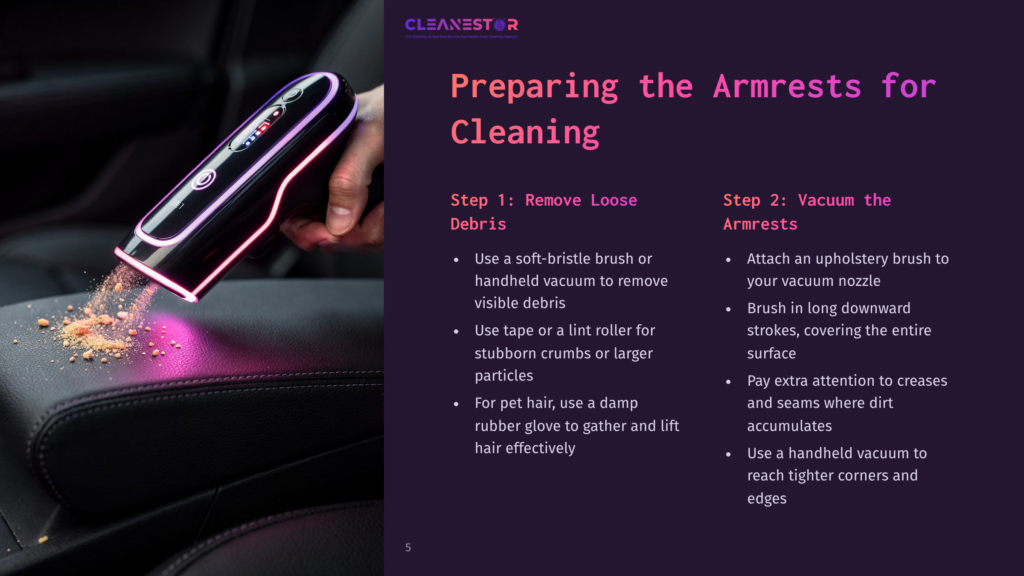 Cleanestor Handheld Vacuum Cleaning Armrests, Removing Dust And Debris. &Quot;Preparing The Armrests For Cleaning&Quot; Text Is Visible.