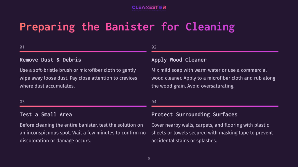 Instructions For Cleaning A Wooden Banister, Featuring Numbered Steps, Bullet Points, And A Mix Of Purple And White Text On A Dark Background.