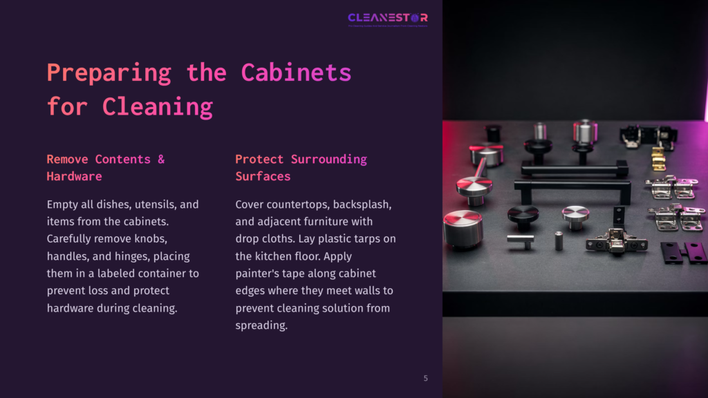 A Layout Of Various Cleaning Tools And Hardware Components On A Dark Surface, Alongside Instructional Text In Bold, Vibrant Colors.