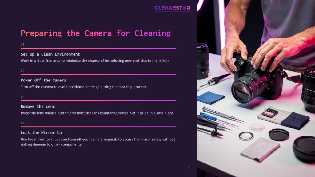 5 Preparing The Camera For Cleaning Hands Preparing To Clean A Dslr Camera, With Cleaning Tools Like Brushes, Cloths, And Lens Filters Laid Out On A Dark Surface. Text Overlay Reads &Quot;Cleanestor&Quot; And &Quot;Preparing The Camera For Cleaning.