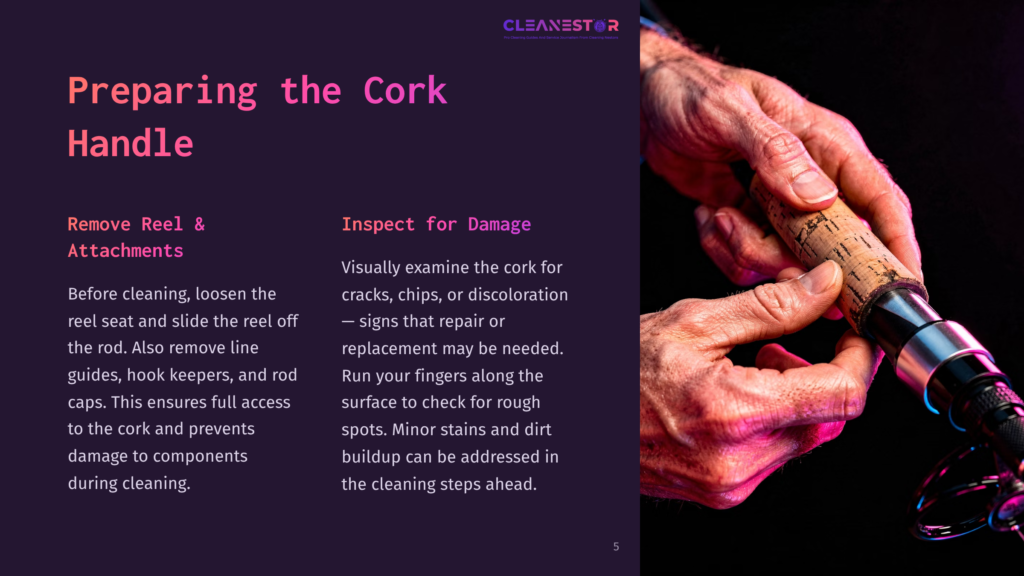 5 Preparing The Cork Handle Close-Up Of A Person'S Hands Inspecting A Cork Fishing Rod Handle For Damage, Showing Texture And Discoloration. Text On The Left Reads &Quot;Preparing The Cork Handle&Quot; And &Quot;Inspect For Damage.
