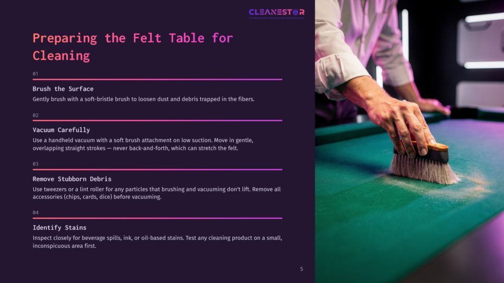 A Man'S Hands Use A Brush To Clean A Green Felt Pool Table, With Dust And Debris Visible On The Felt. Text Overlays Provide Cleaning Instructions For Felt Tables.