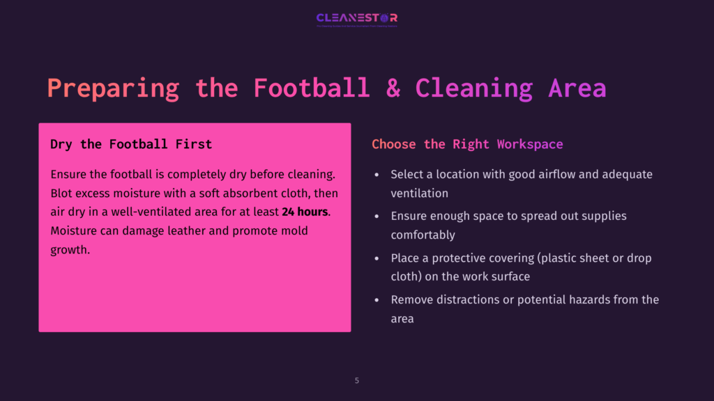 5 Preparing The Football And Cleaning Area Instructions On Preparing A Workspace For Cleaning A Leather Football, Featuring Bold Pink And Black Text With Clear Bullet Points.