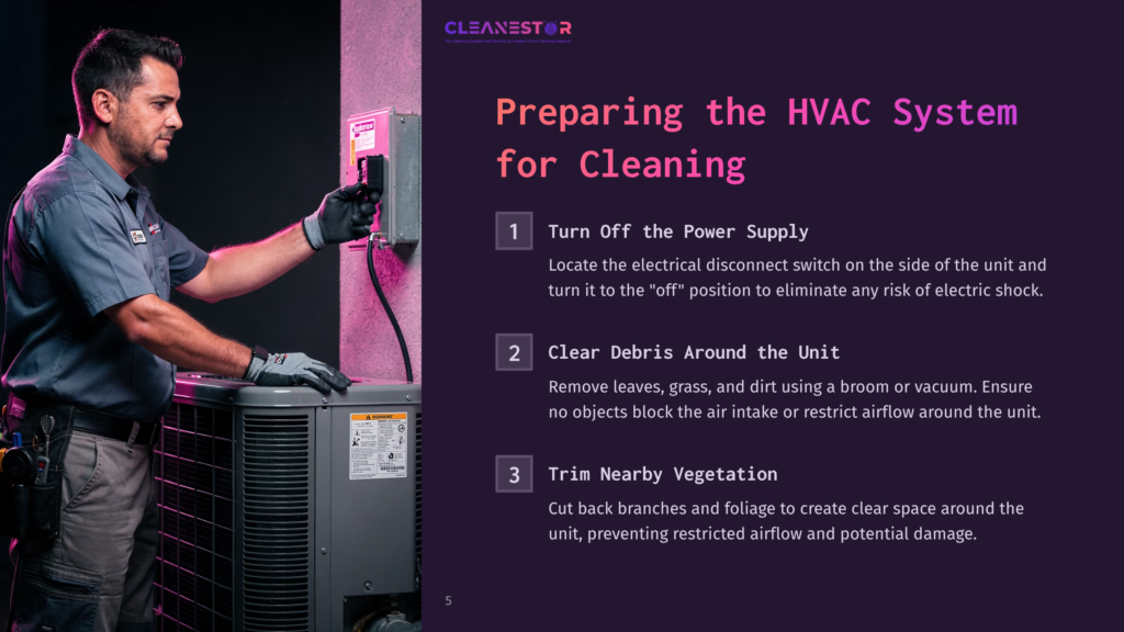 5 Preparing The Hvac System For Cleaning Hvac Technician Wearing Gloves And A Blue Uniform Works On An Outdoor Ac Unit, With Text Overlay &Quot;Preparing The Hvac System For Cleaning&Quot; And Steps 1-3.