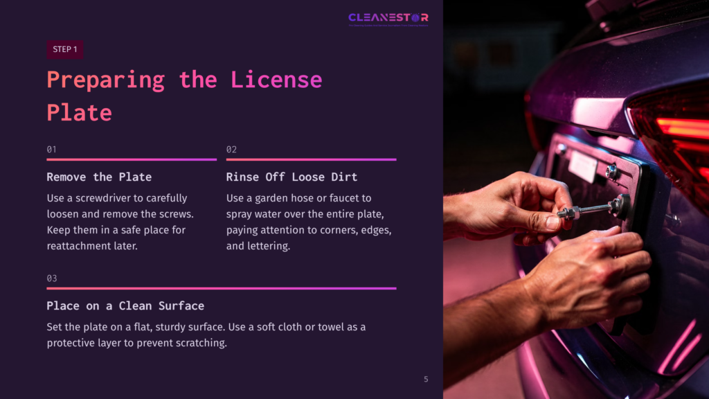Left Side Features Step-By-Step Instructions In White Text On A Dark Purple Background. Right Side Shows A Close-Up Of A Hand Removing A License Plate From A Car.