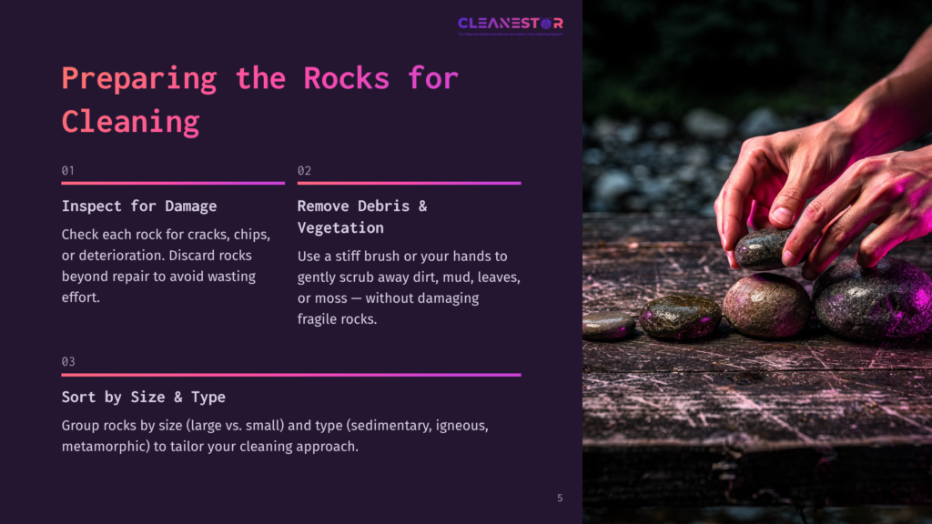 Hands Sorting Smooth, Dark River Rocks On A Weathered Wooden Table, With A Purple Gradient Overlay And The Text &Quot;Cleanestor&Quot; At The Top.