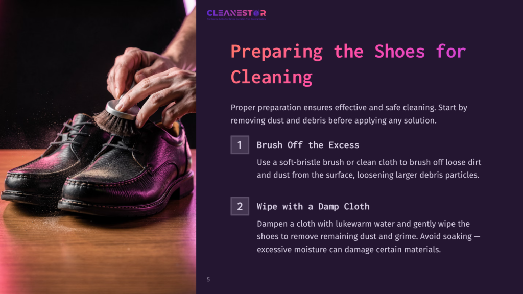 Close-Up Of Hands Brushing Dust Off A Pair Of Black Leather Dress Shoes, Preparing Them For Cleaning. Text Overlay: &Quot;Preparing The Shoes For Cleaning&Quot;, &Quot;Brush Off The Excess&Quot;, &Quot;Wipe With A Damp Cloth&Quot;.