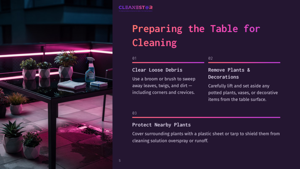 A Dark Outdoor Concrete Table With Potted Plants, Surrounded By Pink Lighting And Instructions For Cleaning And Plant Protection.