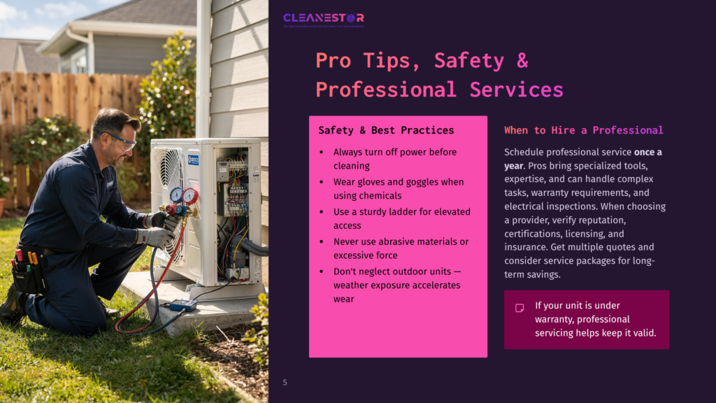 A Professional Hvac Technician In Blue Work Clothes And Safety Glasses Carefully Works On An Outdoor Air Conditioning Unit, Checking Gauges And Hoses.