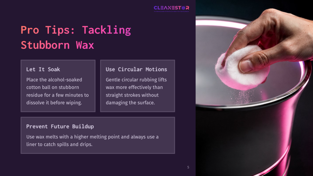 Close-Up Of A Hand Holding A Cotton Ball, Gently Rubbing A Surface With Visible Wax Residue. The Image Is Part Of A &Quot;Pro Tips: Tackling Stubborn Wax&Quot; Guide, Featuring Text Overlays On The Left.