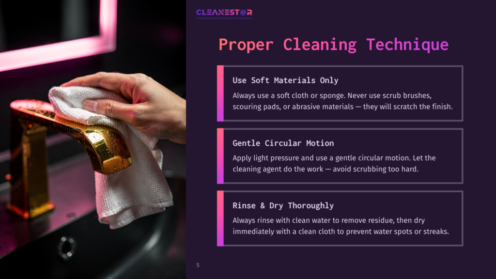 Close-Up Of A Hand Gently Wiping A Gleaming Gold Faucet With A White Cloth, Demonstrating Proper Cleaning Techniques For Fixtures.