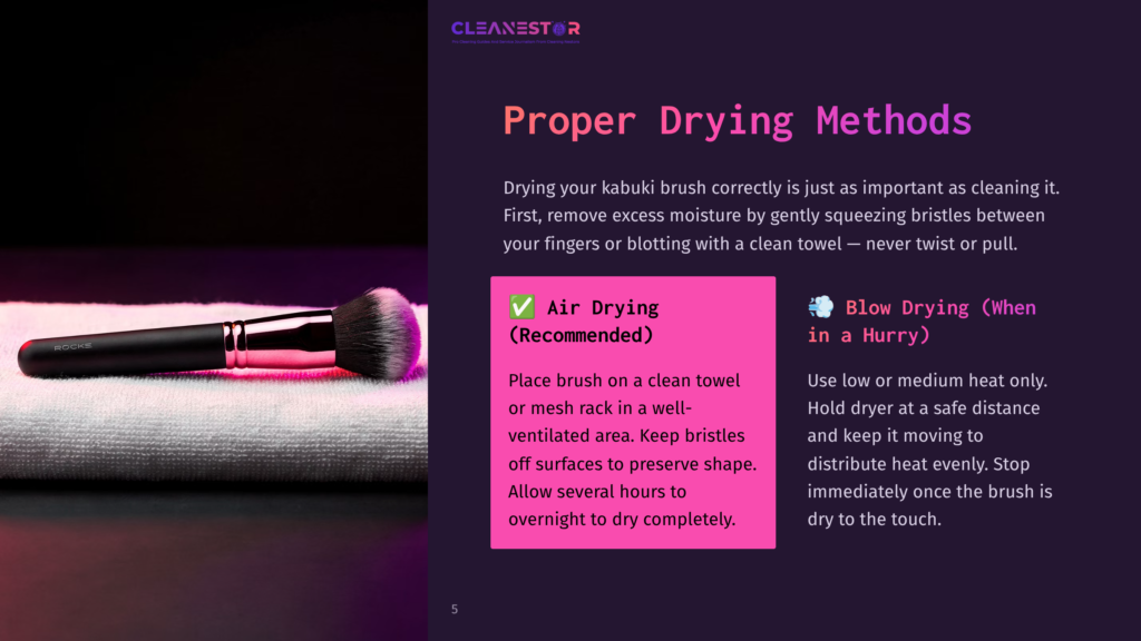 A Fluffy Makeup Brush With A Black Handle Rests On A Neatly Folded White Towel. The Text &Quot;Cleanestor&Quot; Is Visible At The Top Left, Alongside &Quot;Proper Drying Methods&Quot; And &Quot;Air Drying (Recommended)&Quot; In Pink Text Boxes.