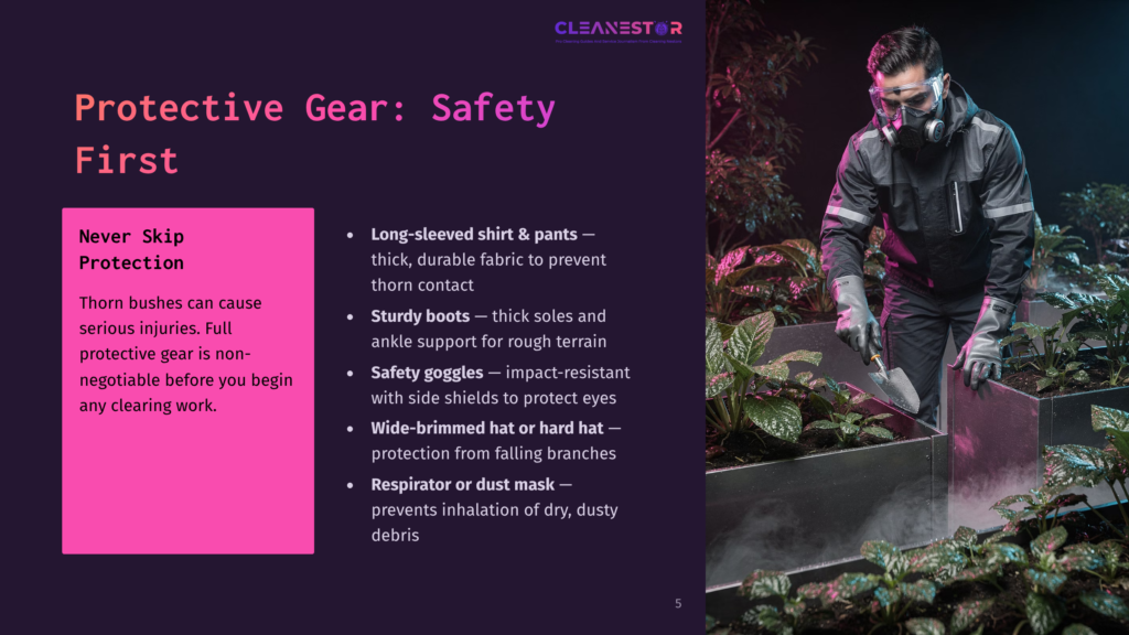 5 Protective Gear Safety First Protective Gear: Safety First. Man In A Respirator Mask, Safety Goggles, High-Visibility Jacket, And Sturdy Boots Stands In A Garden Setting, Ready For Clearing Work.
