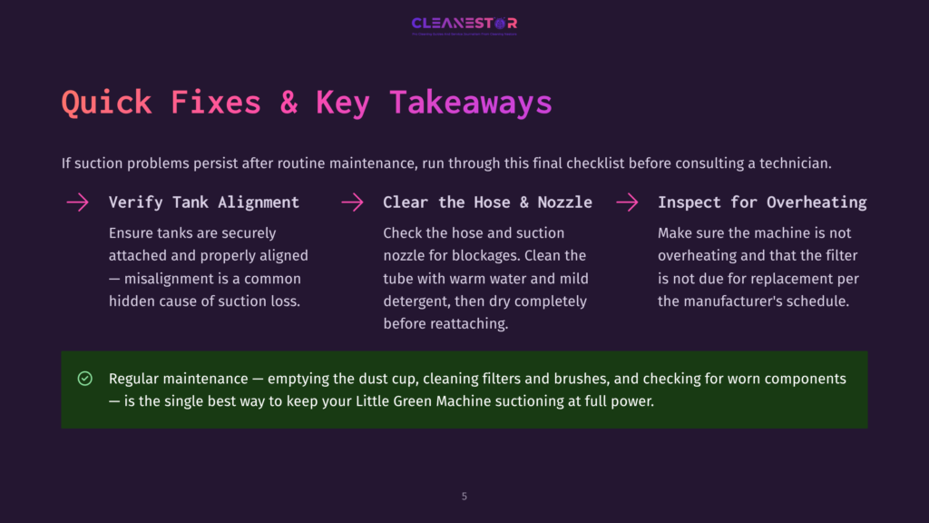 Cleanestor Logo With Text &Quot;Quick Fixes &Amp; Key Takeaways&Quot; And Three Troubleshooting Tips: &Quot;Verify Tank Alignment,&Quot; &Quot;Clear The Hose &Amp; Nozzle,&Quot; And &Quot;Inspect For Overheating.