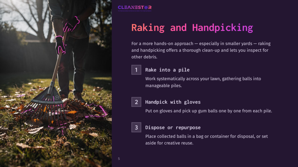 5 Raking And Handpicking Person In Garden Raking Leaves Into A Pile. Text On Image: Cleanestor, Raking And Handpicking, 1 Rake Into A Pile, 2 Handpick With Gloves, 3 Dispose Or Repurpose.