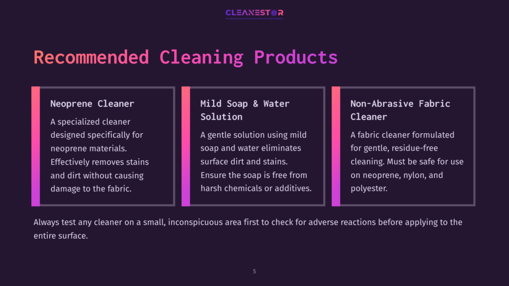 Three Columns Titled &Quot;Neoprene Cleaner,&Quot; &Quot;Mild Soap &Amp; Water Solution,&Quot; And &Quot;Non-Abrasive Fabric Cleaner&Quot; With Descriptions Of Recommended Cleaning Products For Fabrics.