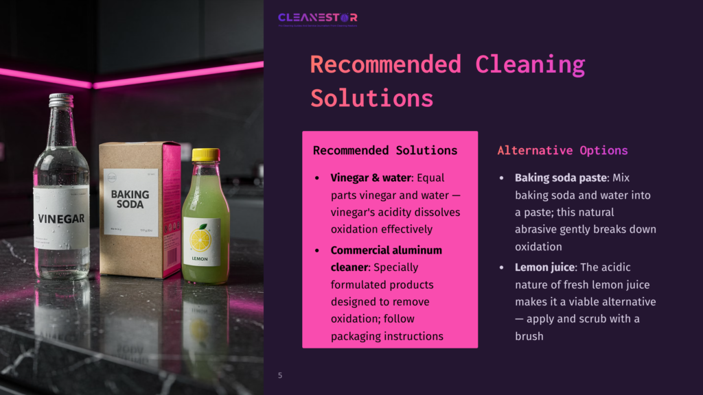 Two Bottles And A Box On A Dark Countertop: One Labeled Vinegar, Another A Green Drink, With A Pink-Lit Background Detailing Cleaning Solutions.