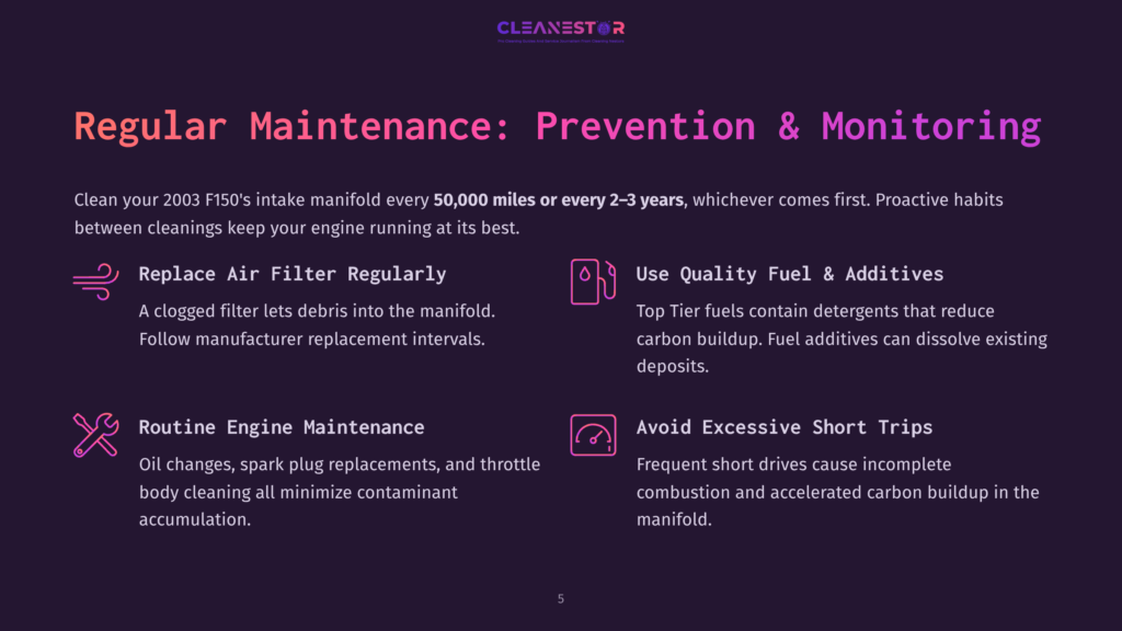 Infographic Titled &Quot;Regular Maintenance: Prevention &Amp; Monitoring&Quot; With Icons For Replacing Air Filters, Using Quality Fuel, Routine Engine Maintenance, And Avoiding Excessive Short Trips. Text Explains How To Keep A 2003 Ford F-150 Running At Its Best.