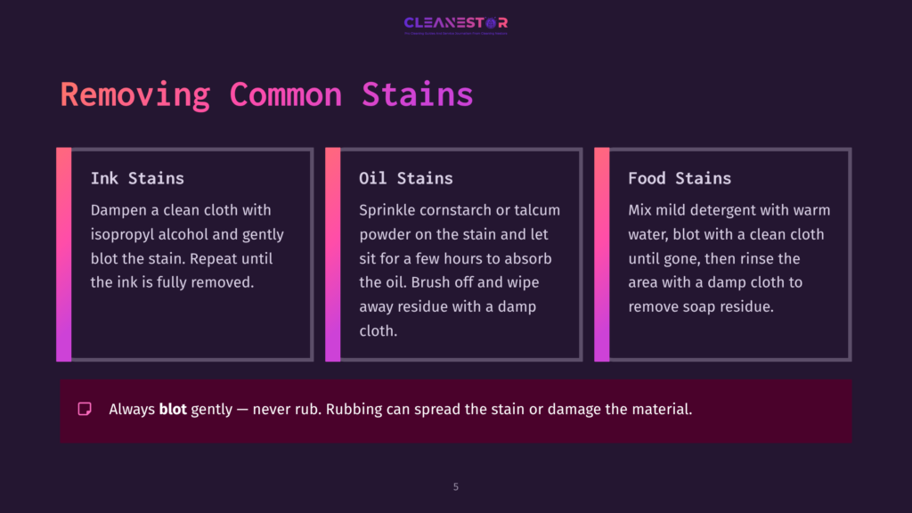 A Presentation Slide Titled &Quot;Removing Common Stains&Quot; With Three Sections: &Quot;Ink Stains,&Quot; &Quot;Oil Stains,&Quot; And &Quot;Food Stains,&Quot; Offering Removal Tips. A Note At The Bottom Advises &Quot;Always Blot Gently.
