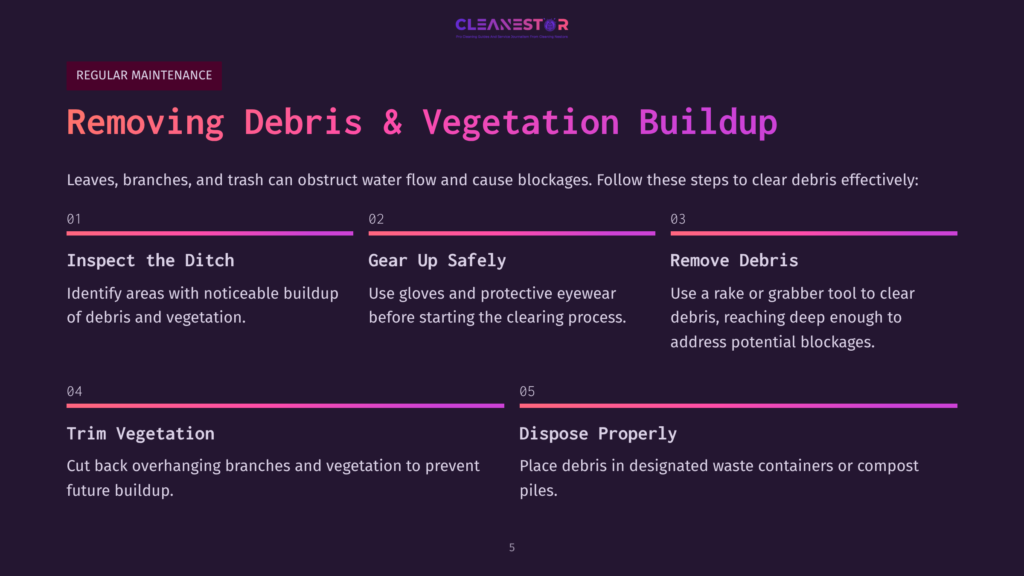 5 Removing Debris And Vegetation Buildup Cleanestor Graphic: Removing Debris &Amp; Vegetation Buildup. Steps Include Inspect The Ditch, Gear Up Safely, Remove Debris, Trim Vegetation, And Dispose Properly.