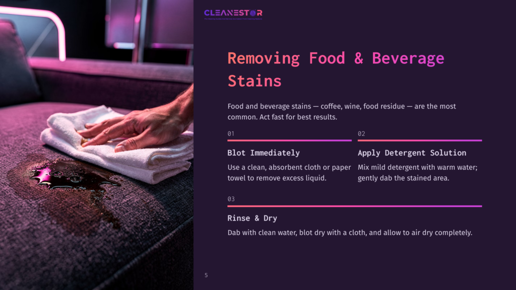 A Hand Blots A Dark Fabric Sofa With A White Cloth To Remove A Dark Liquid Spill, Illustrating How To Remove Food And Beverage Stains.