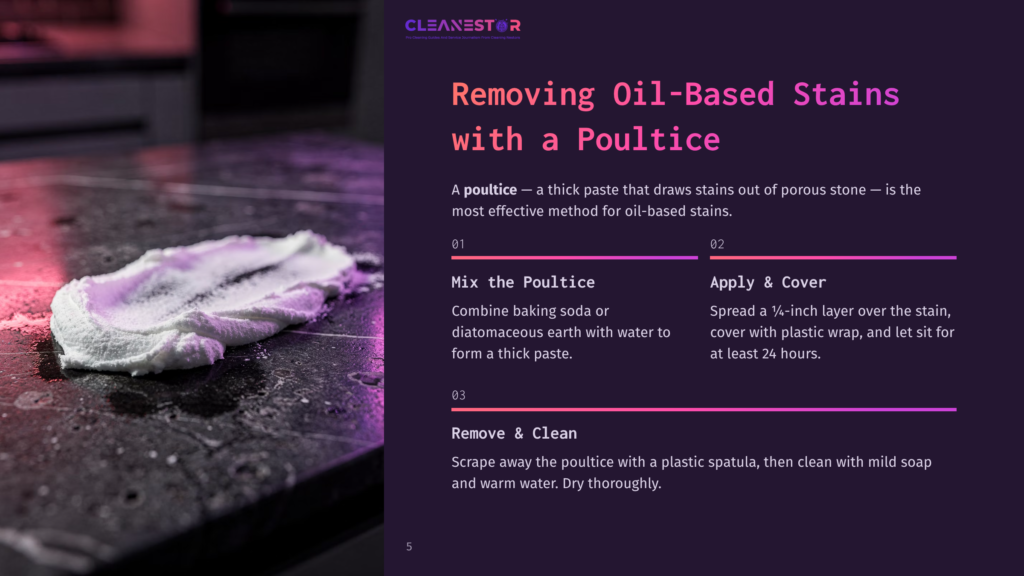 5 Removing Oil Based Stains With A Poultice A Thick, Purple Poultice Spread On A Dark Soapstone Countertop, With A Spatula And Cleaning Supplies Nearby, Demonstrating Stain Removal.