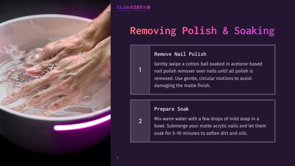 Hands Soaking In A White Bowl Of Water With A Pink Neon Light Ring, Part Of A Tutorial On Removing Nail Polish And Preparing Soak For Acrylic Nails.