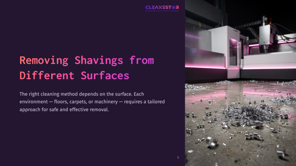 A Close-Up Of Shiny Metal Shavings Scattered Across A Dark Industrial Floor In Front Of A Large, Modern Machine. The Text &Quot;Cleanestor&Quot; Is Visible In The Upper Right Corner.