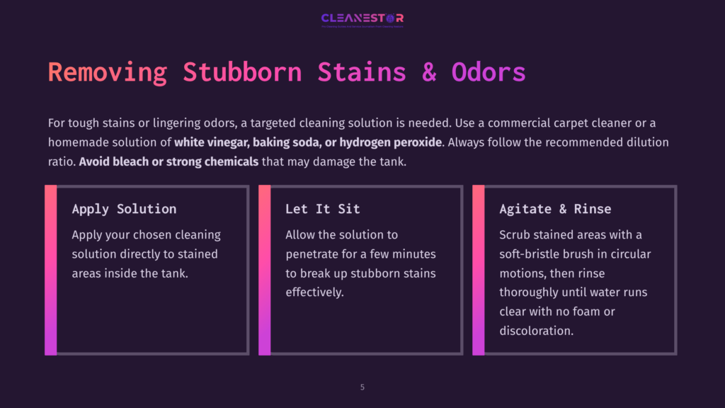Infographic Titled &Quot;Removing Stubborn Stains &Amp; Odors&Quot; With Three Steps: Apply Solution, Let It Sit, And Agitate &Amp; Rinse, Offering Advice For Carpet Cleaning.