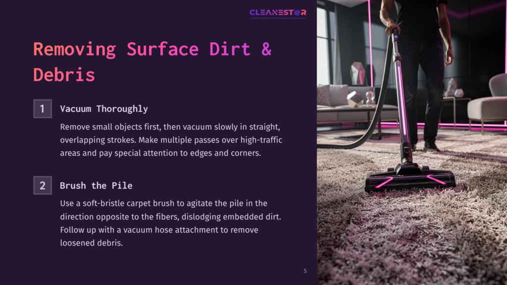 A Person Vacuuming A Plush Carpet, Focusing On Dirt Removal, With A Vacuum Cleaner Featuring A Soft-Bristle Brush Beside A Clean Carpet Section.