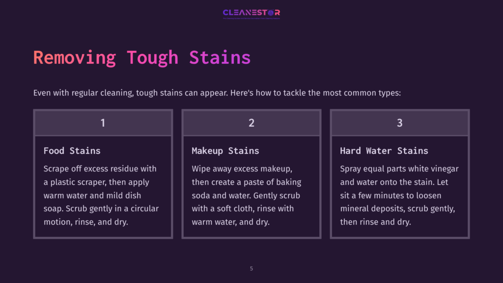 Three Steps Outlined On A Purple Background For Removing Tough Stains From Quartz Countertops: Cleaning Residue, Makeup Stains, And Hard Water Marks.