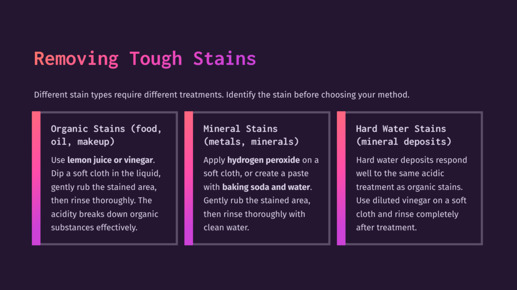 5 Removing Tough Stains 2 A Dark Purple Background Displays A Graphic Titled &Quot;Removing Tough Stains.&Quot; Three Columns Describe Treatments For Organic, Mineral, And Hard Water Stains, Listing Ingredients Like Lemon Juice, Hydrogen Peroxide, And Vinegar.