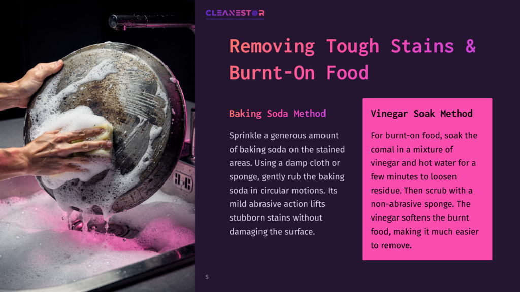 Circular Comal With Burnt Residues, Surrounded By Cleaning Supplies; Left Side Features A Baking Soda Method, Right Side Details Vinegar Soak Method.