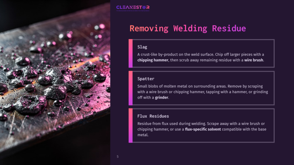Close-Up Of A Rough Metal Surface With Dark, Shiny Welding Residue And Small Water Droplets, Illuminated By Pink And Purple Light. Text Overlay Reads &Quot;Cleanestor Removing Welding Residue&Quot;.