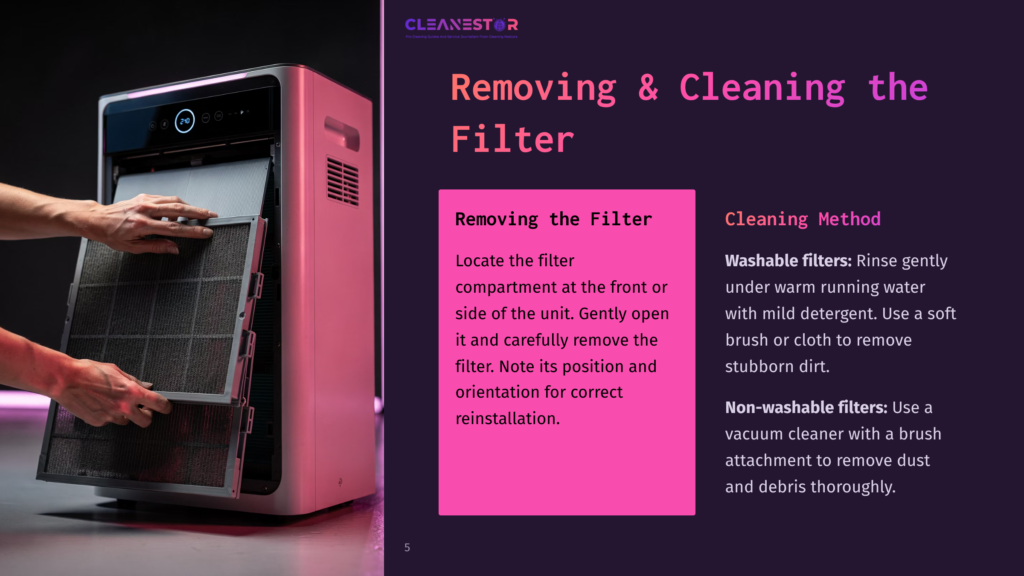 5 Removing And Cleaning The Filter Close-Up Of Hands Removing A Large, Gray Air Purifier Filter From A White Cleanestor Unit, With Instructions For Cleaning The Filter Visible On The Right.