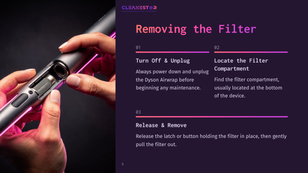 Hands Holding A Dyson Airwrap With A Visible Filter Compartment, Against A Dark Background, Featuring Purple Text Instructions.