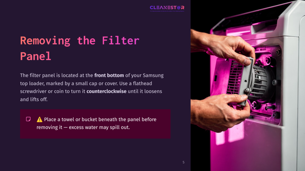 Hands Are Removing A Filter Panel From A Samsung Top-Loader Washer, With A Pink And Dark Background Highlighting The Process.