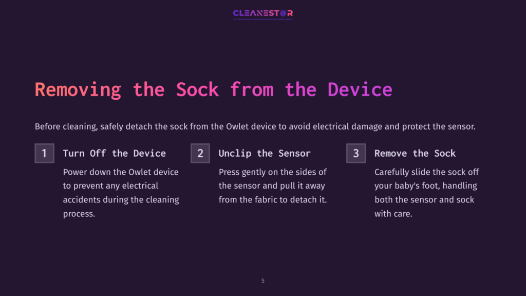 Instructions On Cleaning An Owlet Sock, Featuring Bold Text In Pink And White On A Purple Background, With Numbered Steps Listed.
